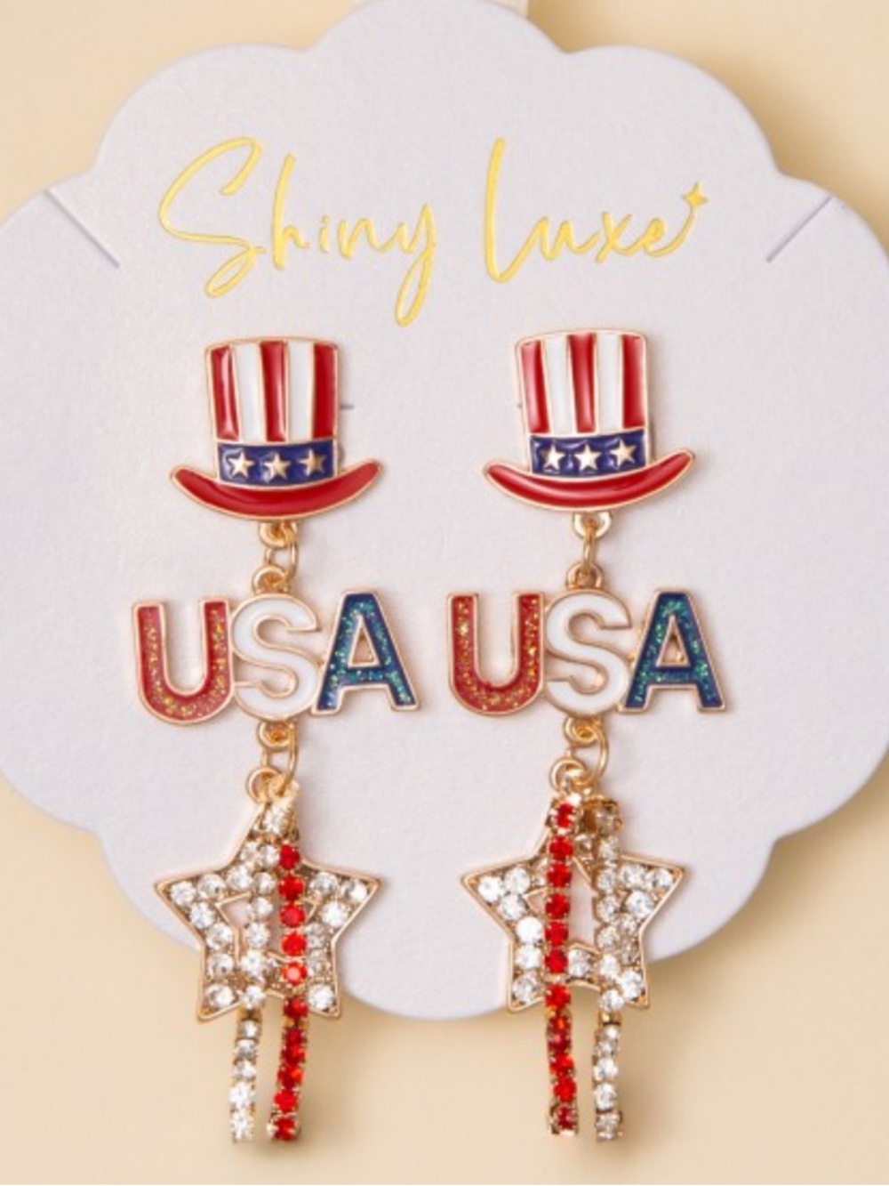 2037. Pave rhinestone USA flag themed dangle earrings